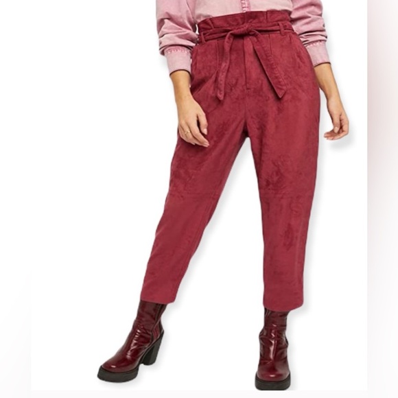 FREE PEOPLE 8 Nightfall Vegan Suede Pants Pomegranate High Waisted Paper Bag Vtg - Picture 2 of 16